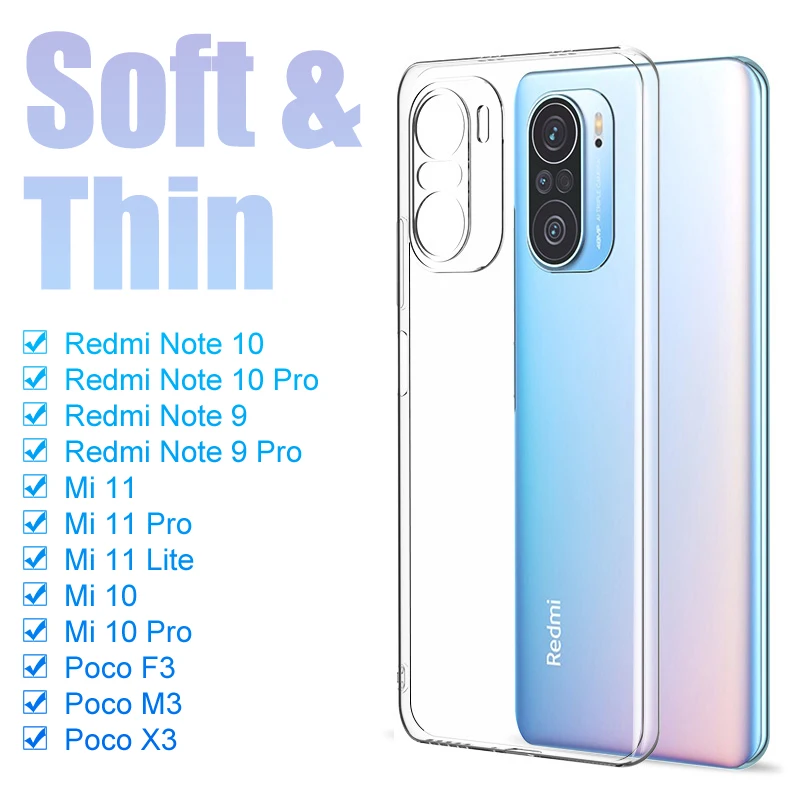 Ultra Thin Silicone Case For Xiaomi Mi 11 10 Ultra 10t Lite Redmi Note 10s 9s 9 9A 9C 9T Poco X3 F3 M3 F2 Pro Clear Soft Cover