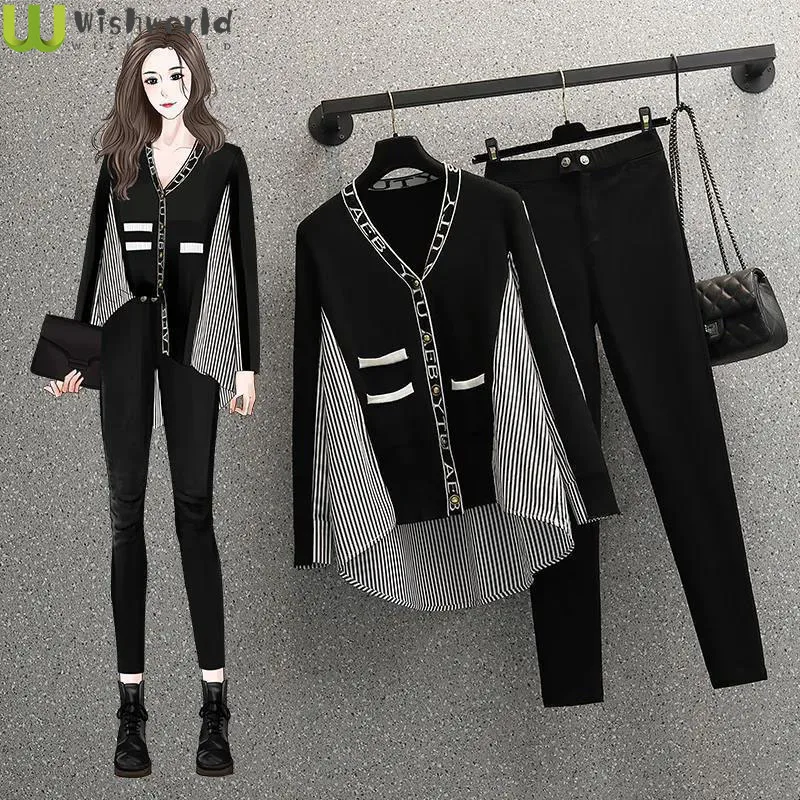 Early Autumn of 2021 the New Large Size Ladies' Fashion to Reduce Fat Sister Age Stripe Splicing Thin Pants Suit Female Shirt