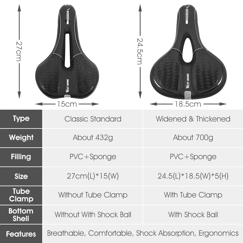 WEST BIKING Bicycle Saddle MTB Bike Seat Soft Comfortable Seat Cushion Safety Reflective Hollow Cycling Shockproof Widen Saddles