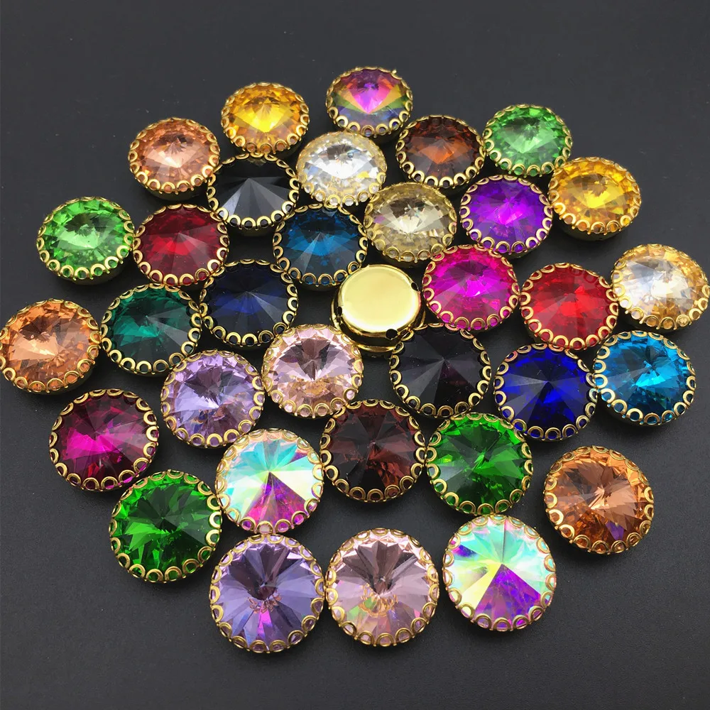 New arrival Round rivoli shape strass sew on rhinestones gold base lacy claw glass crystal rhinestone Diy clothing accessories