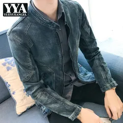 Spring Autumn New Long Sleeve Zipper Mens Denim Jackets Fashion Stand Collar Slim Fit Casual Cowboy Outerwear Coats