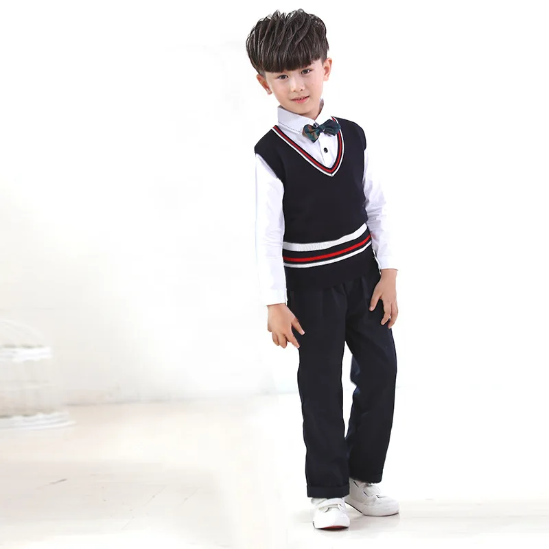 Uniforme escolar britânico para meninos e meninas, conjunto de uniforme de jardim de infância com gola em v, colete plissado