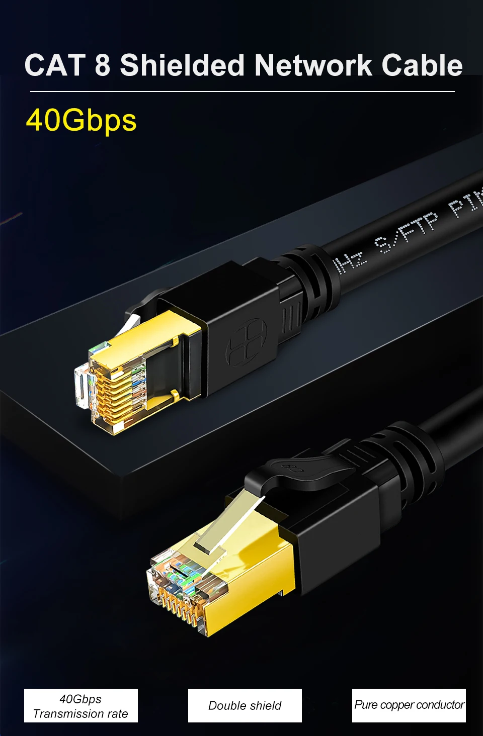 Cavo Ethernet Cat 8 RJ45 Da 10 M – 40 Gbps, 2000 MHz, S/FTP Schermato, Connettori Oro 50µ, Per Gaming E Server