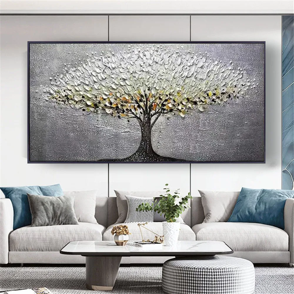 100% Handmade Large Size Canvas Poster Wall Art Picture Gold Tree Drawing Knife Oil Painting For Living Room Home Decor Artwork
