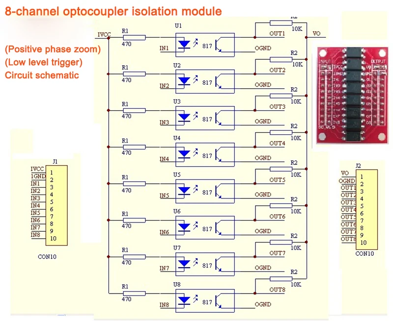 8-Channel Optocoupler Isolation Module/ 3/5/12/24V Positive Phase Amplification