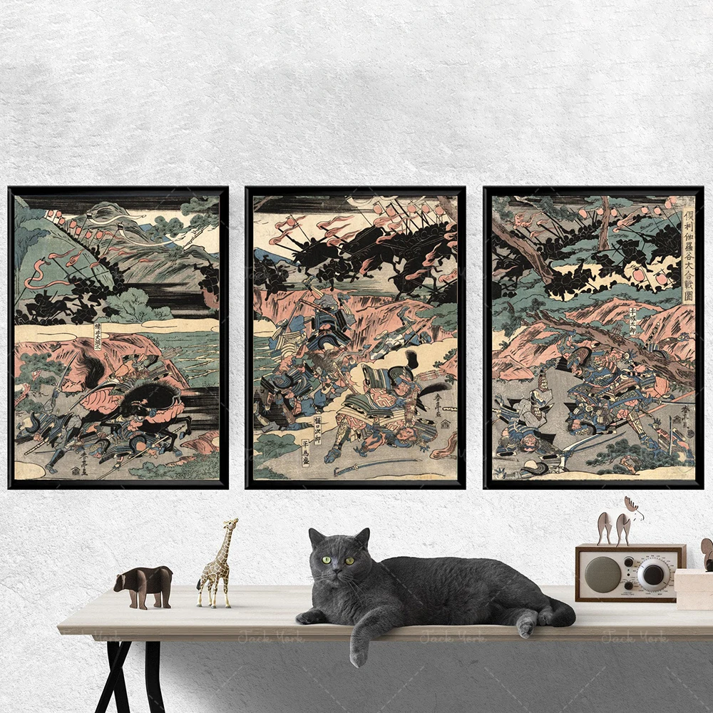 Samurai Triptych Battle Scene Vintage Japanese Prints Japanese Warriors Battle Posters Japanese Warriors Posters Ukiyo-e Prints