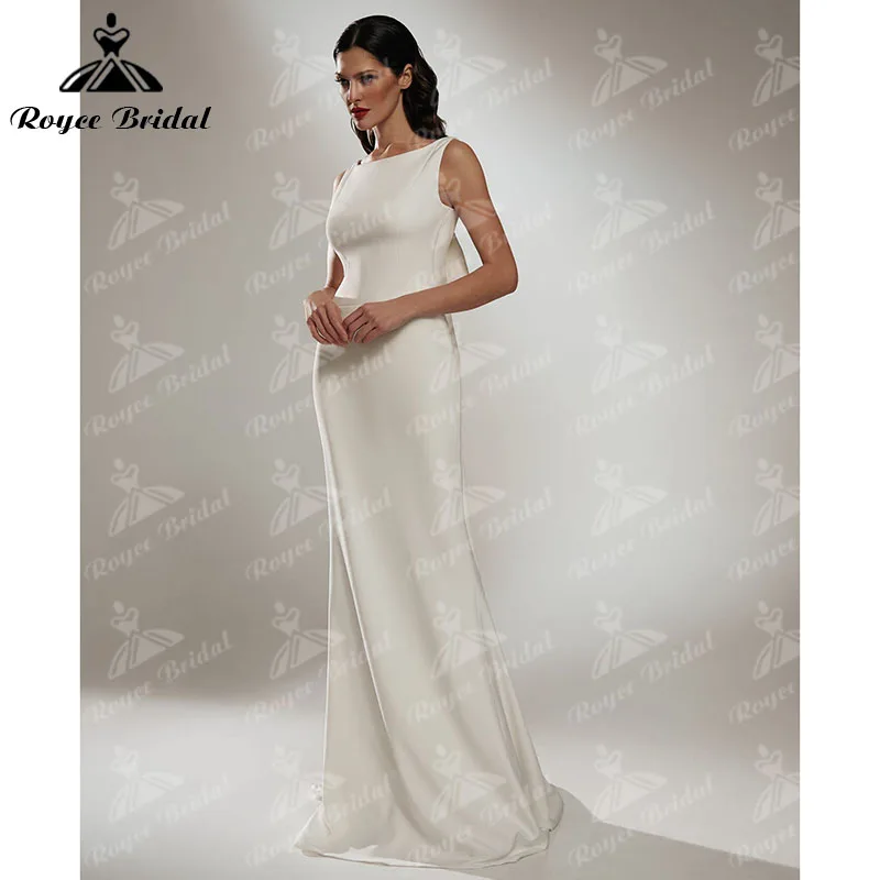 Vestido de boda de satén de sirena con cuello redondo, sin mangas, Espalda descubierta, con lazo, corte sirena, Roycebridal