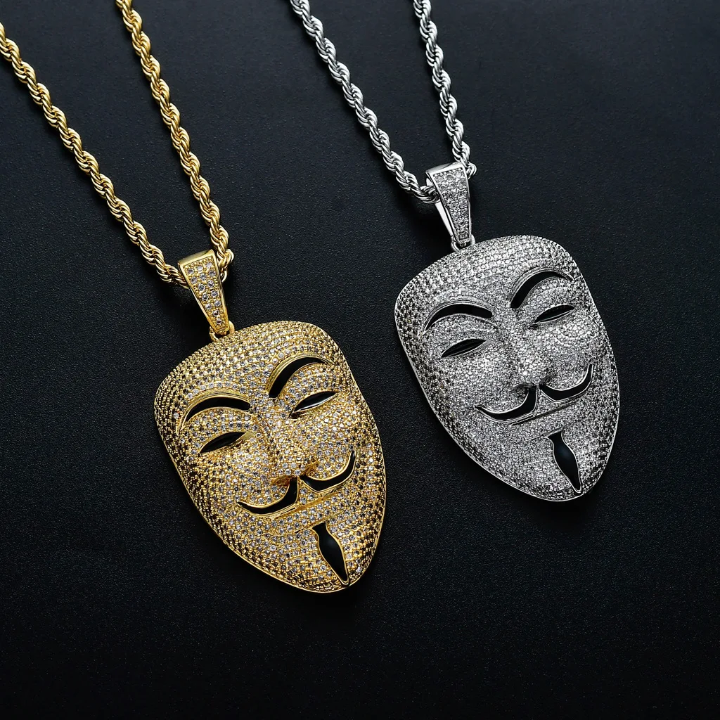 Movie V-vendetta with The Same Male Avatar Mask Pendant Full of Zircon Jewelry Hip-hop Necklace Accessories Pendant Necklace