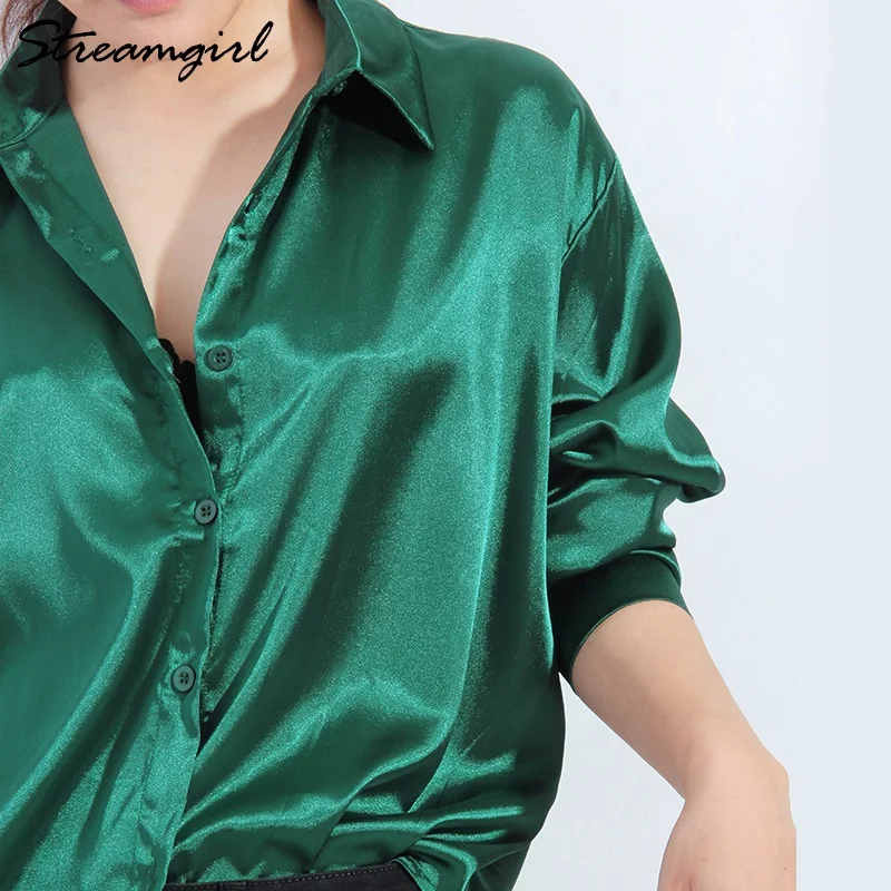 Satin Shirt Womens Green Long Sleeve Top Female Women\'s Elegant Blouse 2022 Office Wear Women White Imitation Silk Shirt Woman