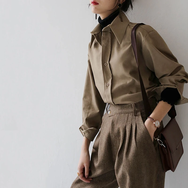 Autumn Casual Long Sleeve Shirt Women OL Style Workwear Elegant S-XL Coffee Blouse Women Spring Solid Korean Loose Shirt 17500