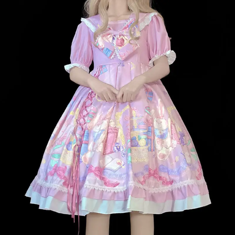 

Kawaii Victorian Vintage Lolita OP Dress Women Cartoon Short Sleeve Dresses Girls Kawaii Daily Party Princess Vestidos