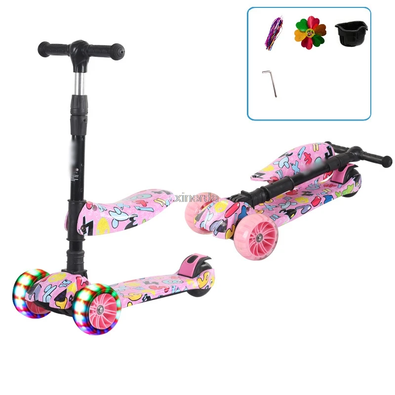 Scooter de pontapé ajustável para crianças, assento dobrável, piscando 3 rodas, scooters, skate City Roller, presentes para crianças, 3 em 1