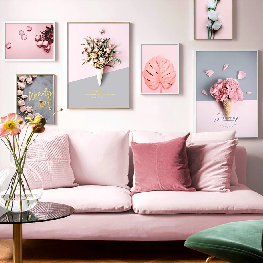 Pink Flower Rose Monstera Sweet Tube HD Wall Art Canvas Painting Nordic Posters And Prints Wall Pictures For Living Room Decor