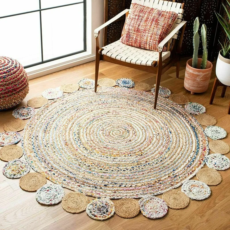 

Rug Natural Jute and Cotton Household Hand-woven Round Carpet Natural Fashion Double-sided Woven Authentic Carpet