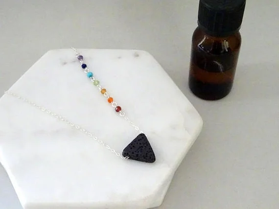 Chakra necklace with lava stone Triangle lava rock necklace Seven chakra jewelry Essential Oil Diffuser Aromatherapy Necklace