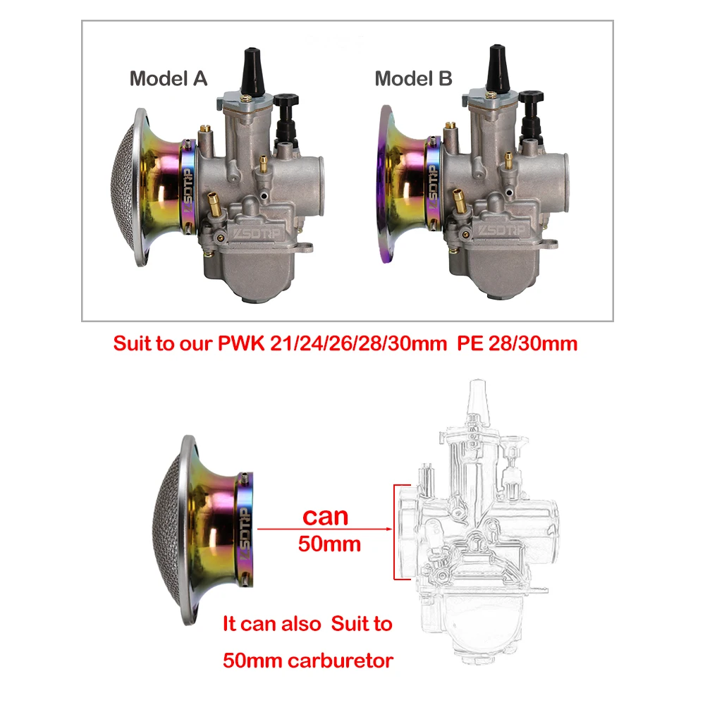 ZSDTRP 50mm Motorcycle Air Filter Wind Horn Cup Alloy Trumpet with Guaze for PWK21/24/26/28/30mm PE28/30mm Carburetor