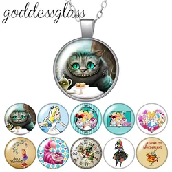 Cartoon Princess Alice Cheshire cat Rabbit clock Round Glass glass cabochon silver plated/Crystal pendant necklace jewelry Gift