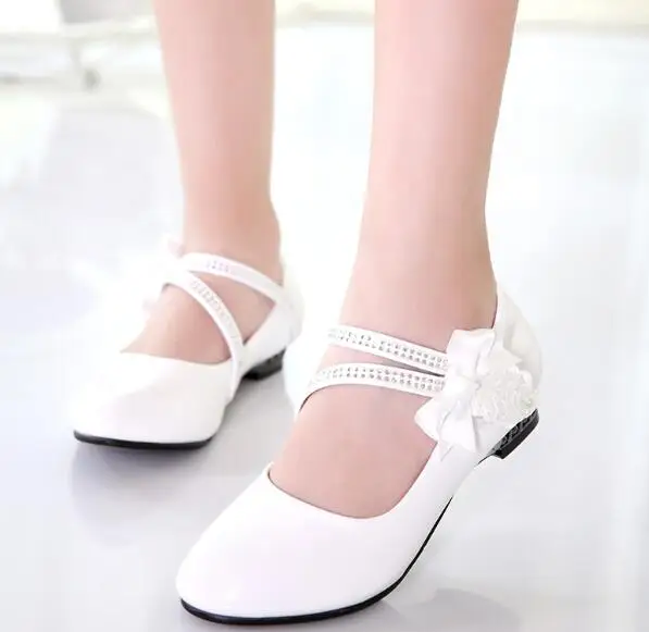 Princess Bow Rhinestone Children Shoes White Black Leather Shoes For Girls Zapatos Ninas Party Wedding Girls Heel Shoes