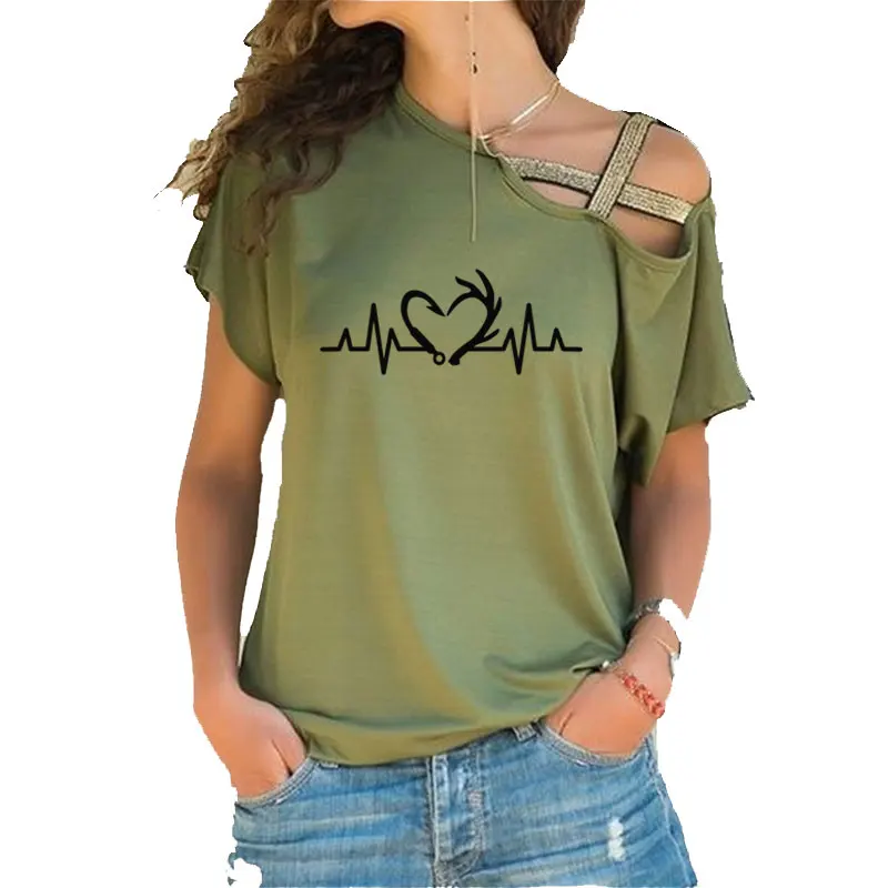 

Hunting Fishing Hook Deer Heartbeat Print Plus Size fashion T-shirt Summer Women Cotton Irregular Skew Neck Cross Bandage Tops