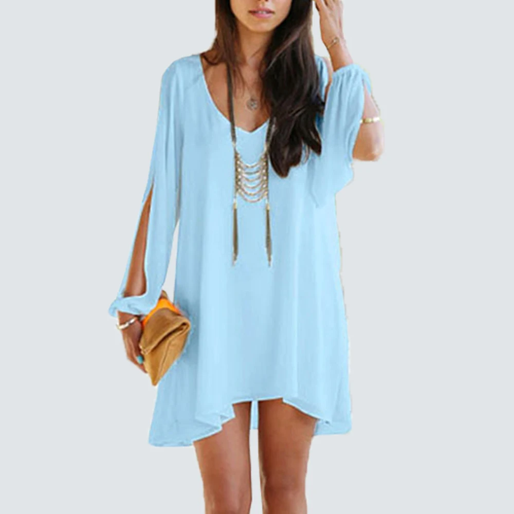 

Women Sexy V Neck Chiffon Shift Dress Casual Split Sleeve Loose Mini Dress HS01