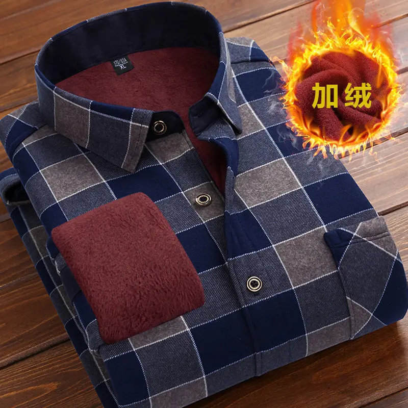 Autumn Winter Thick Men Fleece Shirt 2023 Fashion Plaid Thick Keep Warm Shirt Male Print Long Sleeve Business Big size L-5XL