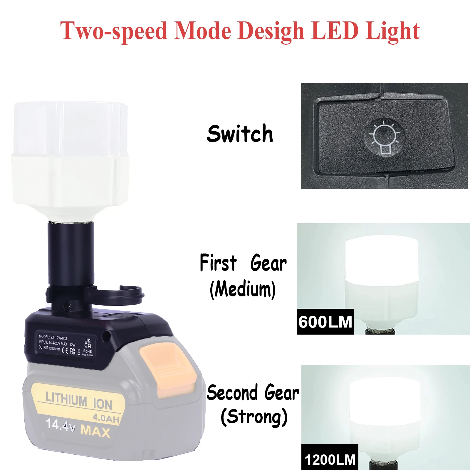 12W nadaje się do Dewalt z możliwością przyciemniania przenośne oświetlenie LED Camping kryty światło robocze akumulator może być używany DCB203 DCB204 DCB