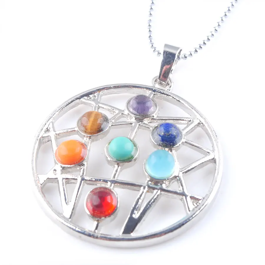 WOJIAER Natural Stones Astrolabe Health Amulet 7 Chakras Healing Pendant N3263