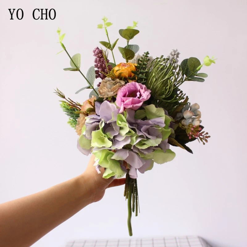 YO CHO – Bouquet de mariage artificiel en soie, fleur de lisianthe, demoiselle d'honneur, hortensia, Pompon, feuilles d'eucalyptus, fleur de mariage