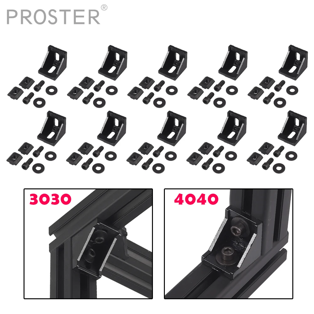 PROSTER 10PCS For 3030 4040 Aluminum Angle Fixing Bracket Black Strut Profiles Connector Material with Lens Screw & Hammer Nut