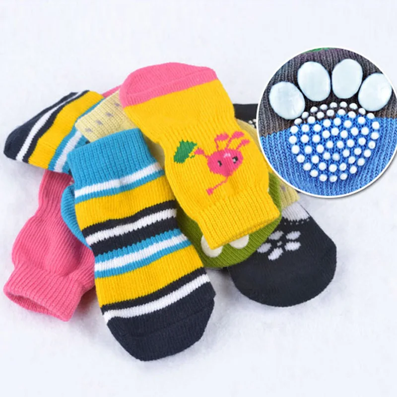 4pcs/Set New Puppy Dog Knit Socks Small Dogs Cotton Anti-Slip Cat Shoes Indoor Wear Slip On Paw Protector Random Color Wholesale