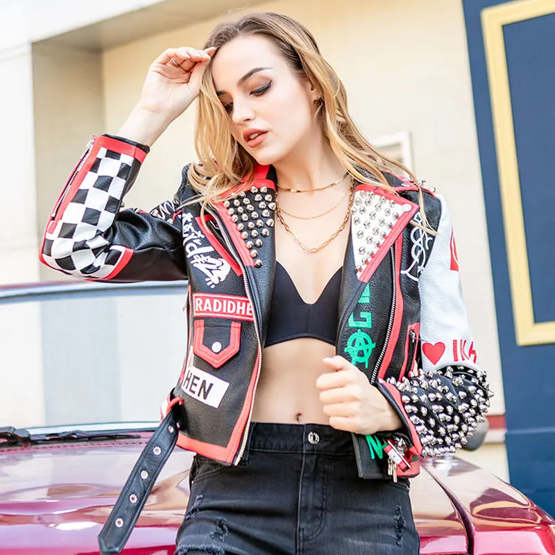 DJ Costume Faux Leather Short Jacket  Women Punk Style Graffiti Studded Rivet and Chain Fashion High Waist Motor Jackets