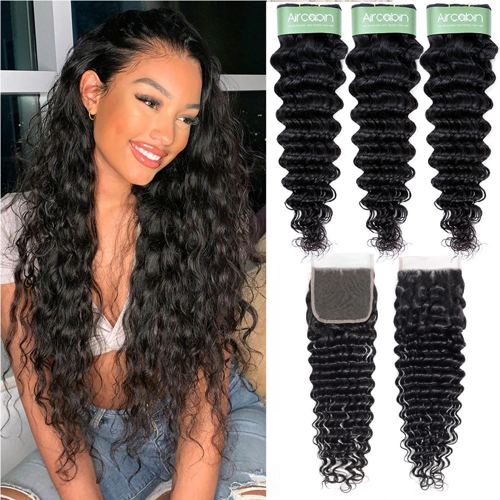 

Malaysian Deep Wave Hair Bundles With Closure Aricabin Remy Human Hair Extension Deep Curly Wave 3/4 Bundles With Lace Closure