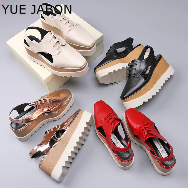 

YUE JABON White Flat Platform Women Casual Shoes Thick sole Lace Up High heel Wedge Shoes Woman Solid Square Toe Shoes Sandals