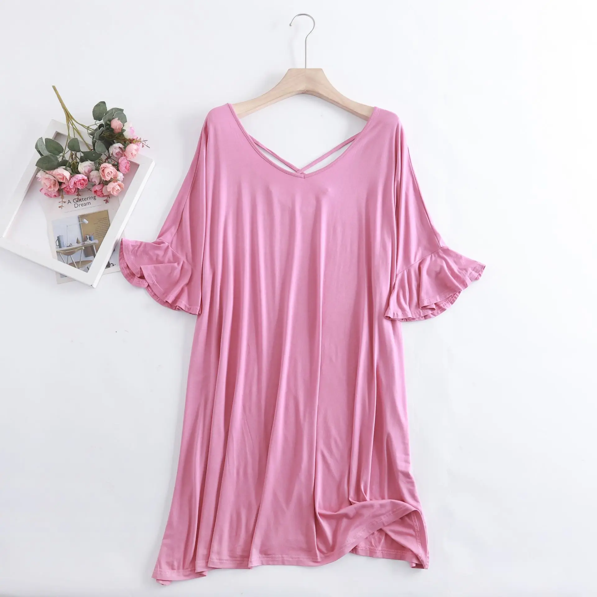 New Nightgowns Women Loose Modal Summer Dress Beautiful Back Flared Sleeves Sexy Nightshirt Large Size Ladie\'s Nightdress