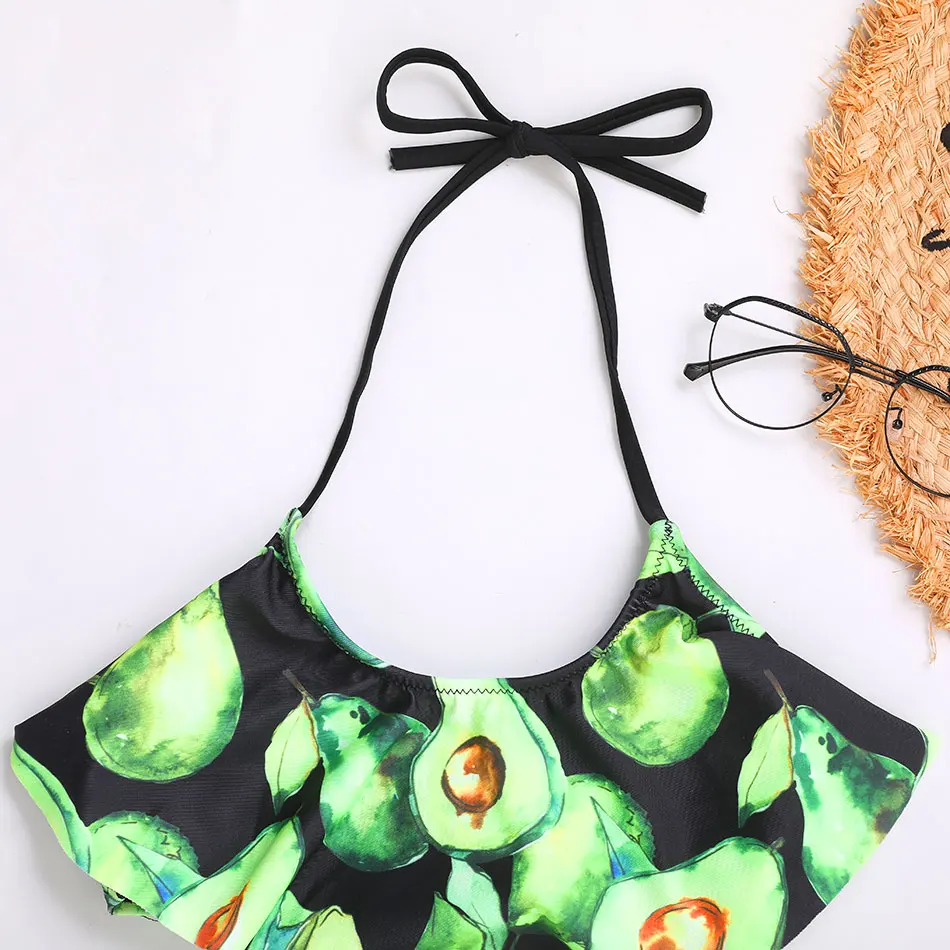 Flounce Girl Swimsuit Kids Avocado Print Girl Bikini Set 7-14 Years Two Piece Children's Swimwear Halter Top Girls Bathing Suits