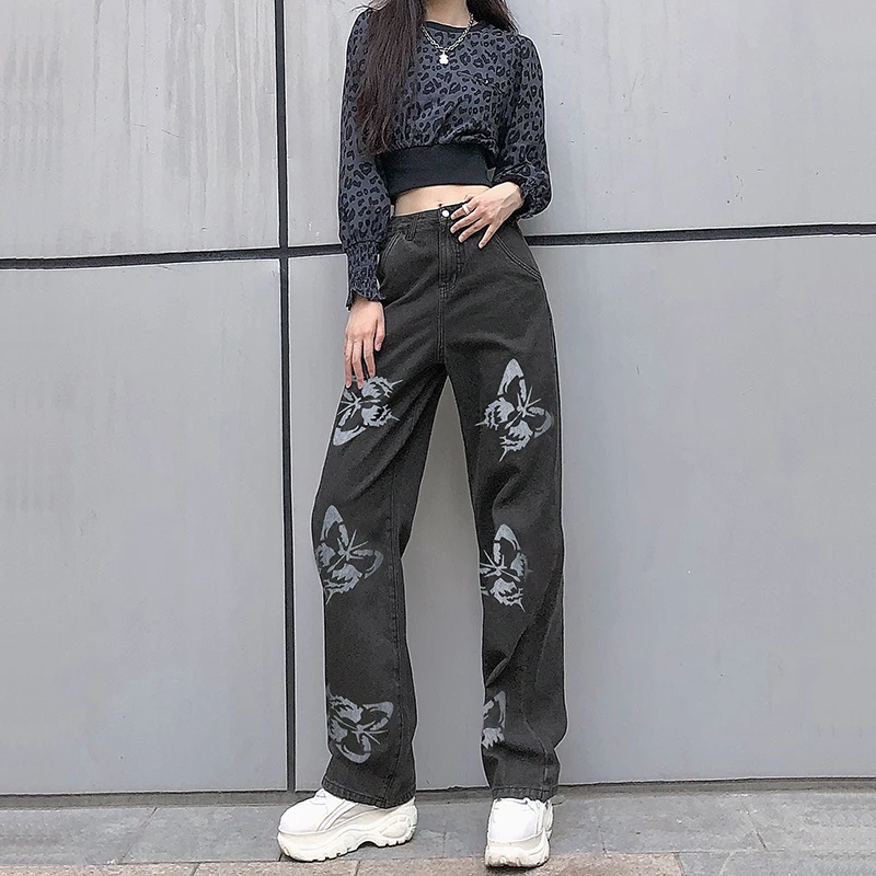 Women\'s High Waisted Jeans Butterfly Print Straight Wide Leg Denim Pants Baggy Loose Casual Trousers Streetwear