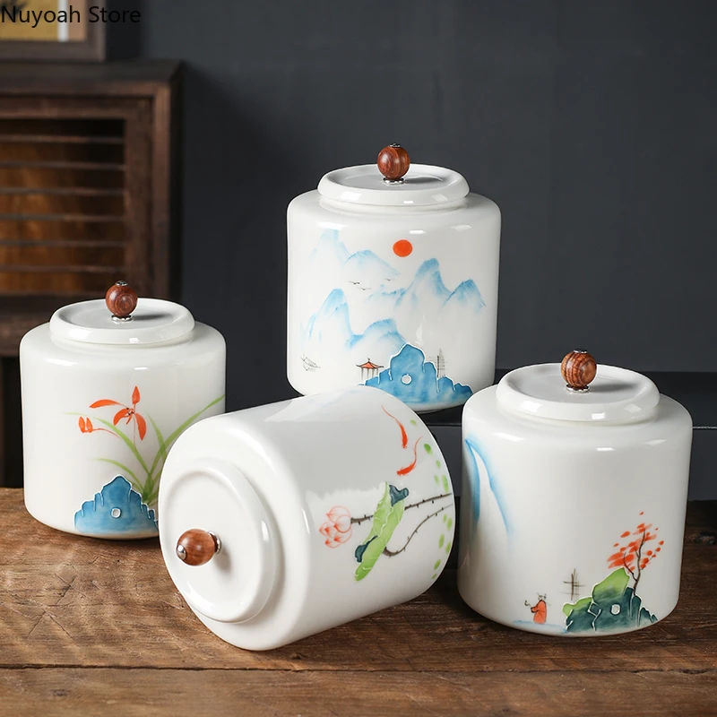 Hand-painted Tea Cans Household Sealed Empty Cans Ceramic Storage Tea Box Black Tea Green Storage Box Coffee Table Decoration