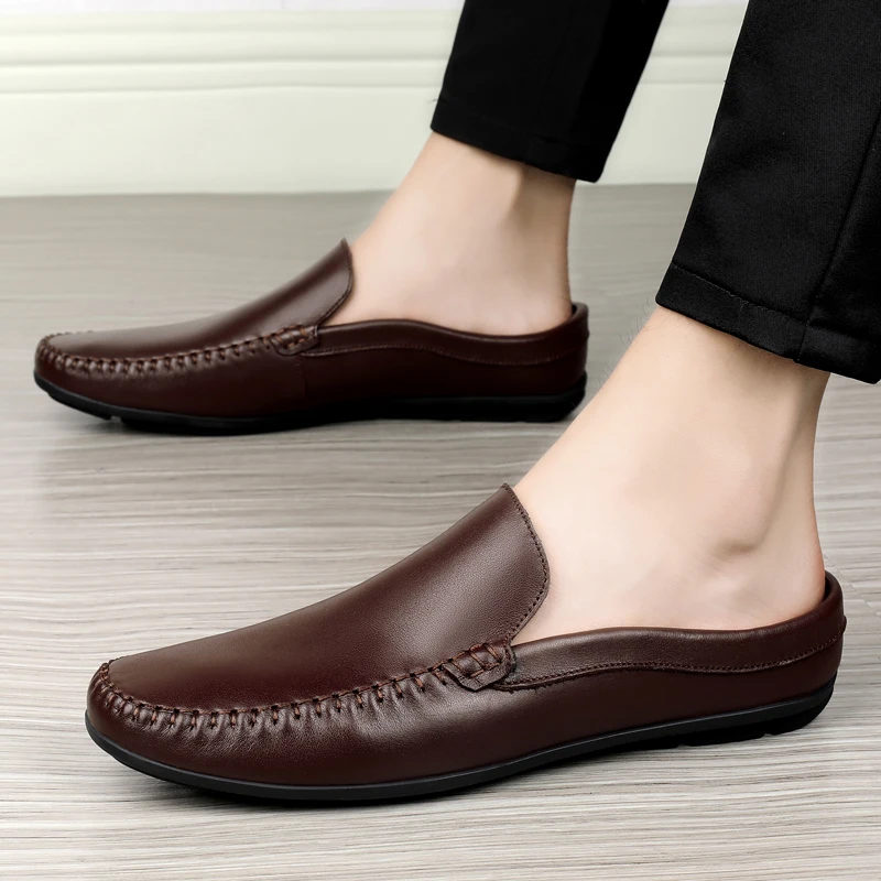 Summer Mules Men Dress Shoes Half Shoes for Men Backless Moccasins Leather Casual Shoes Loafers Slippers Slip On Flats Sandals