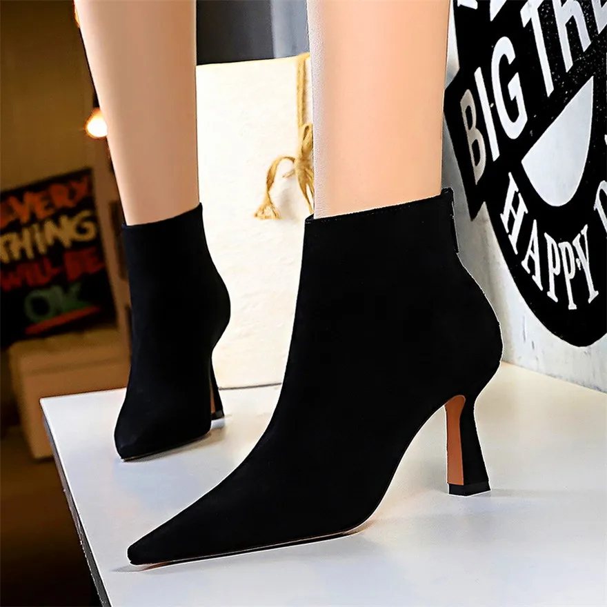 

Short Boots Women Black Back Zipper Leather Boots 2022 Autumn Concise Solid Flock Pointed Toe Boots High Heels Lady Office Shoes