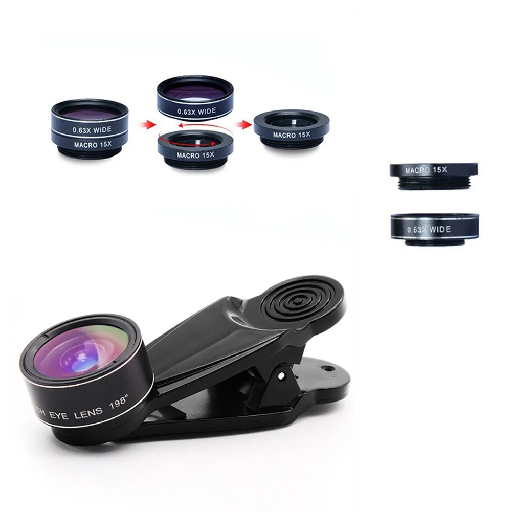 Dropshipping Mobile Phone 198-degree Fish Eye Wide Angle 15X Macro Camera Lens Kit for iPhone Universal Mobile Phone Lens