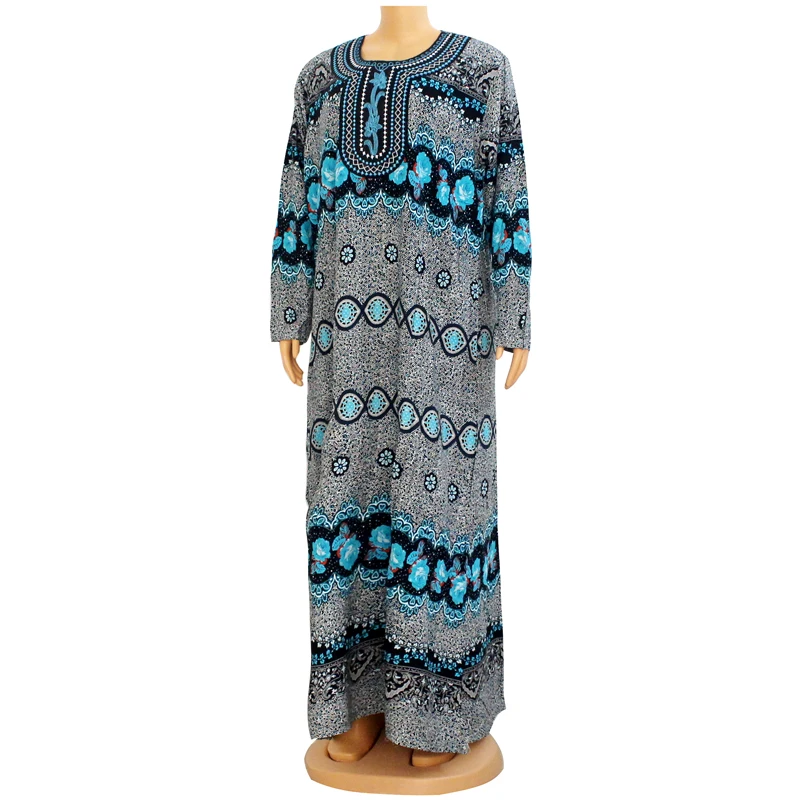 

African 2020 New Arrival Women Lady Flowers Pattern Design Round Collar Pullover Loose Waist Type Female Long Dress