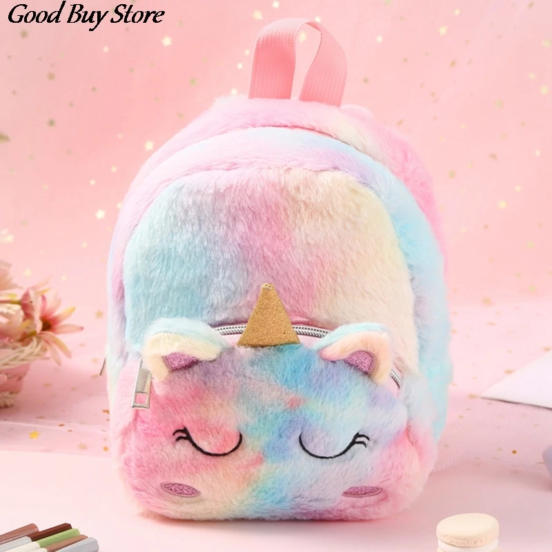 Furry Fur Backpacks Kidergarten Kids Winter Purse Children Soft Plush Unicorn Schoolbag Cute Animal Fashion Backpack Student Bag