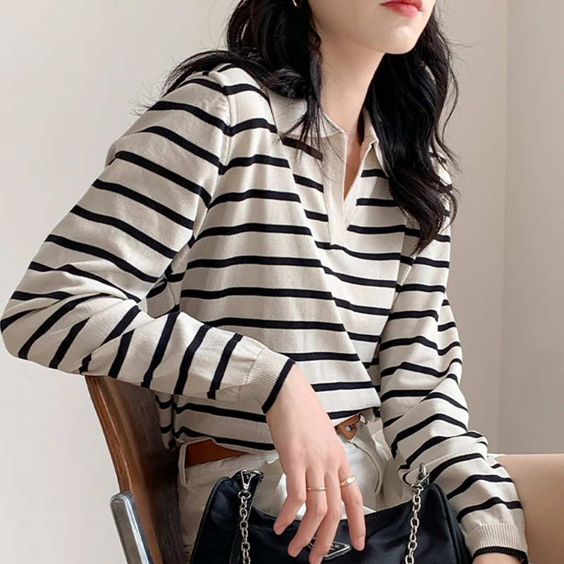 Sweater Women Pullover Striped Knitted Polo Neck Casual Long Sleeve Top Knit Pull Femme Pullovers Autumn Winer Ladies CLothes