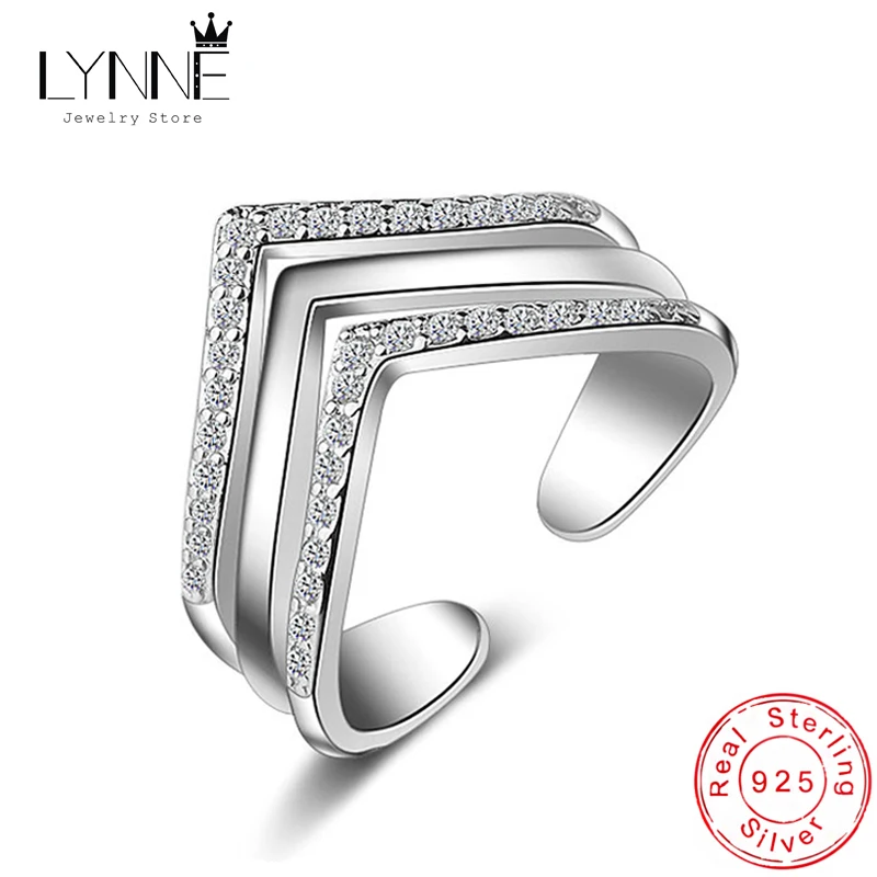 

LYNNE Jewelry Fine Personality 925 Sterling Silver Multilayer AAA Zircon Rings Resizable V Shape CZ Rock Ring Women Fashion Gift