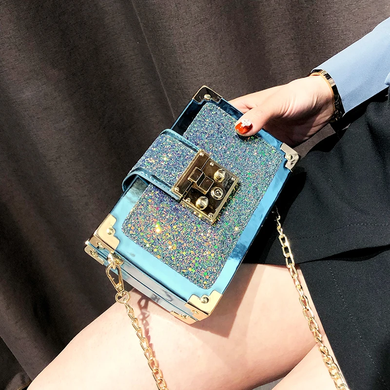 Borsa a tracolla a tracolla con tracolla a catena a tracolla in stile scatola con paillettes di colore sfumato di moda di lusso per donna 2020 nuova