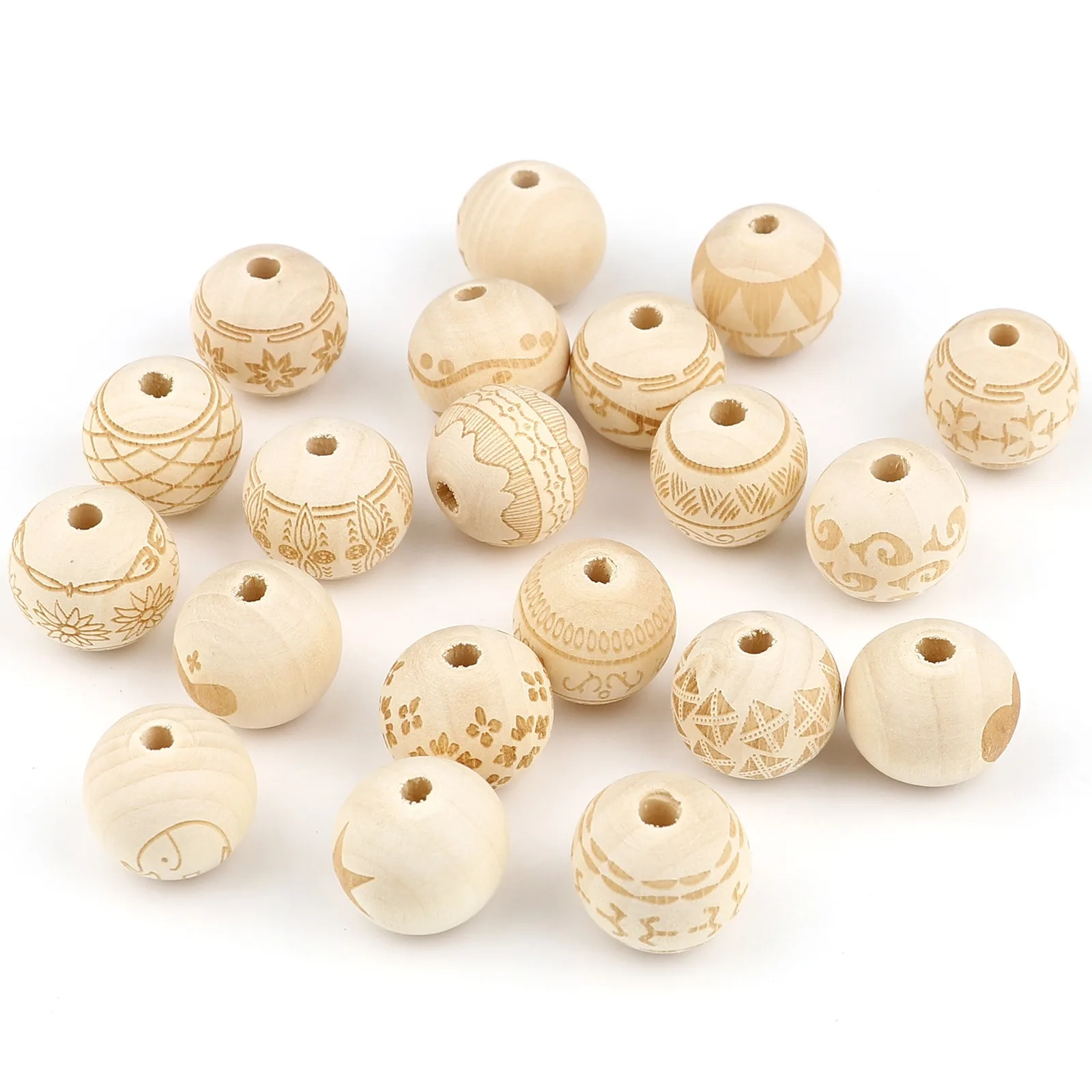 20 PCs Geometric Heart Flower Wood Spacer Beads For Jewelry Making Round Natural Carved Pattern 16mm Dia., Hole: Approx 4.1mm