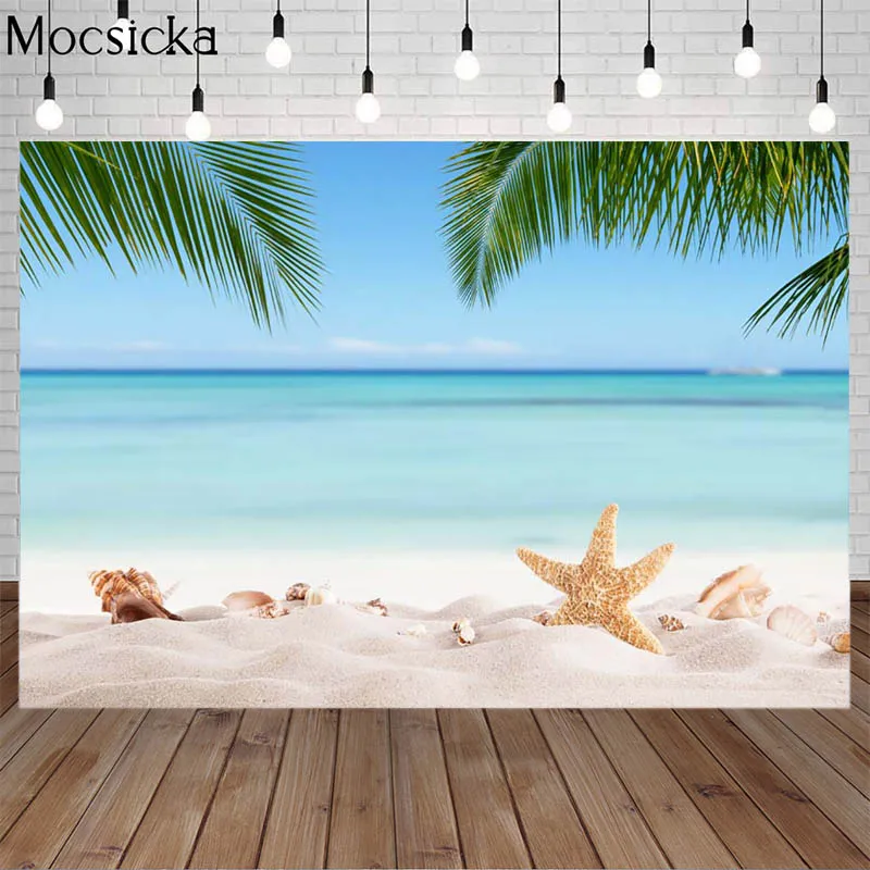 Mocsicka Summer Beach Photography Backdrops Holiday Hawai Background Blue Sky Sea Conch Palm Tree Photocall Props Photo Studio