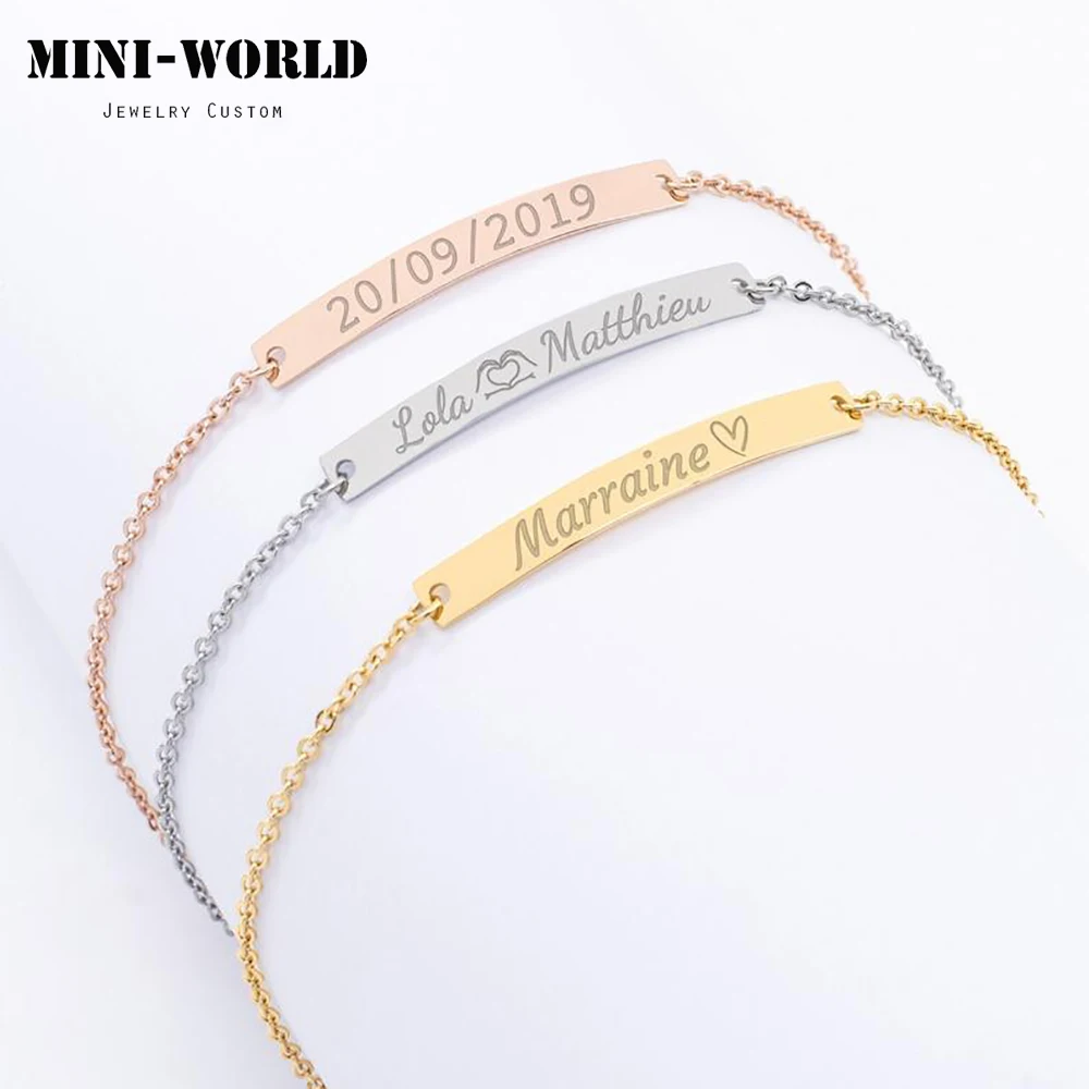 Mini-World Fashion Tiny Custom Stainless Steel Name Bracelet Bar Bangle for Women Personalized Jewelry Anniversary Birthday Gift