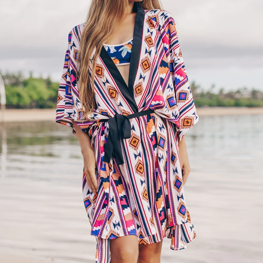 ZAFILLE Diamond Grid Print Beach Cover Up Kimono Pareo Beach Bikini Cover Up Women's Tunic Belt Beach Cardigan Women Beach Dress