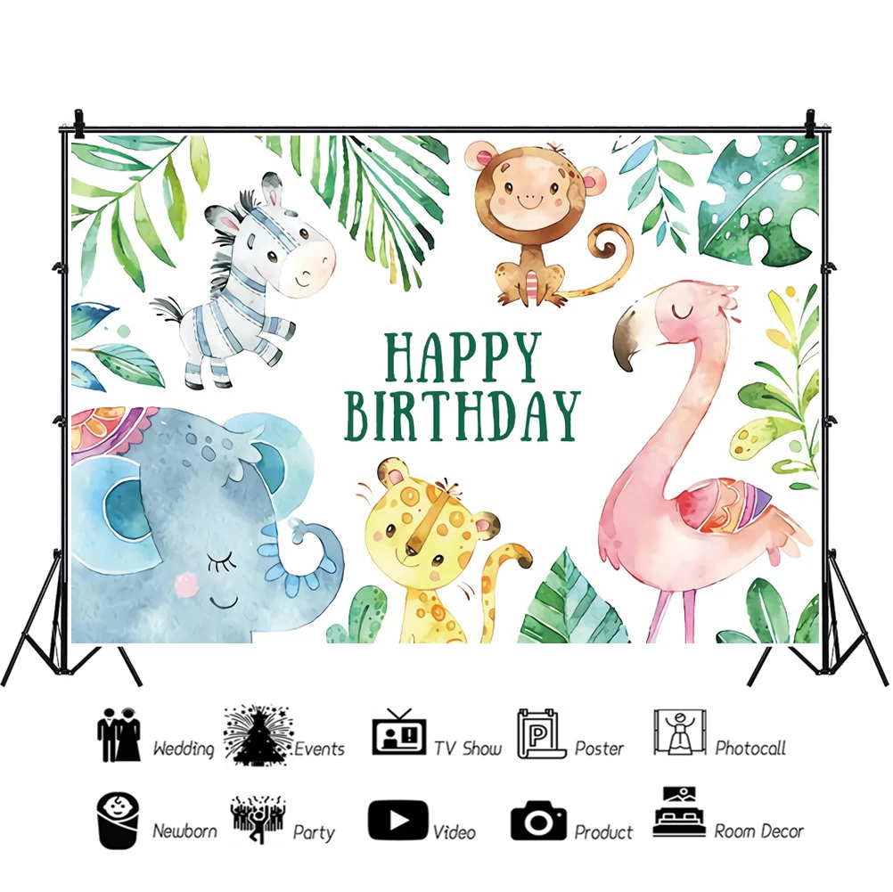 Laeacco Jungle Safari Flamingo piante tropicali bambino buon compleanno festa sfondo ritratto personalizzato Banner fondali foto